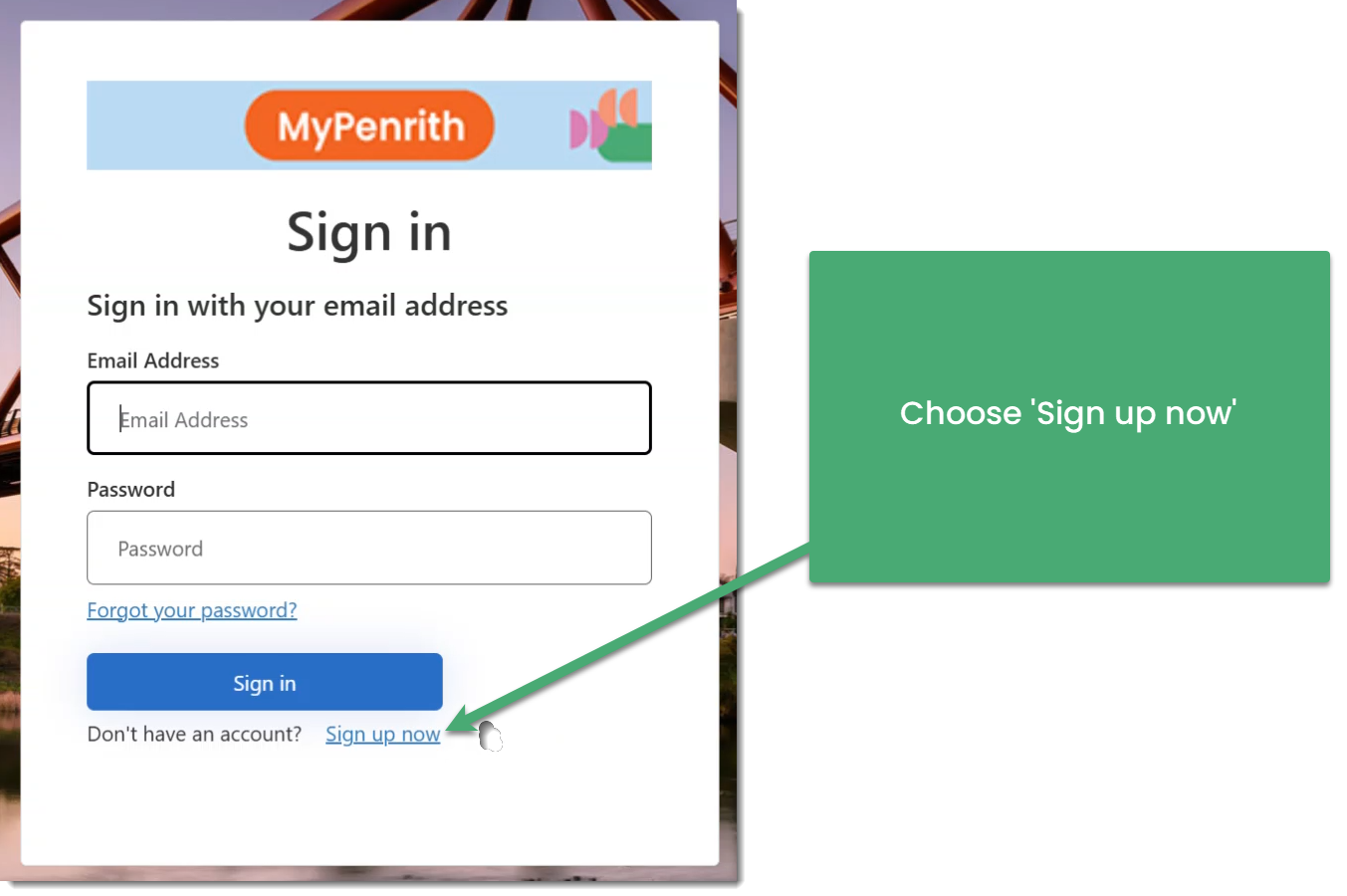 Screenshot showing where you sign up
