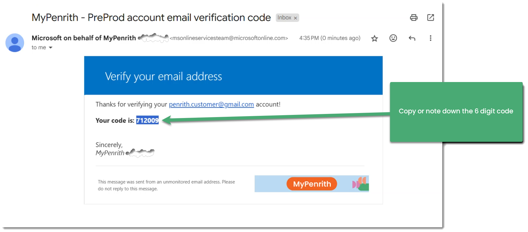 Screenshot showing showing the verification code sent via email. 