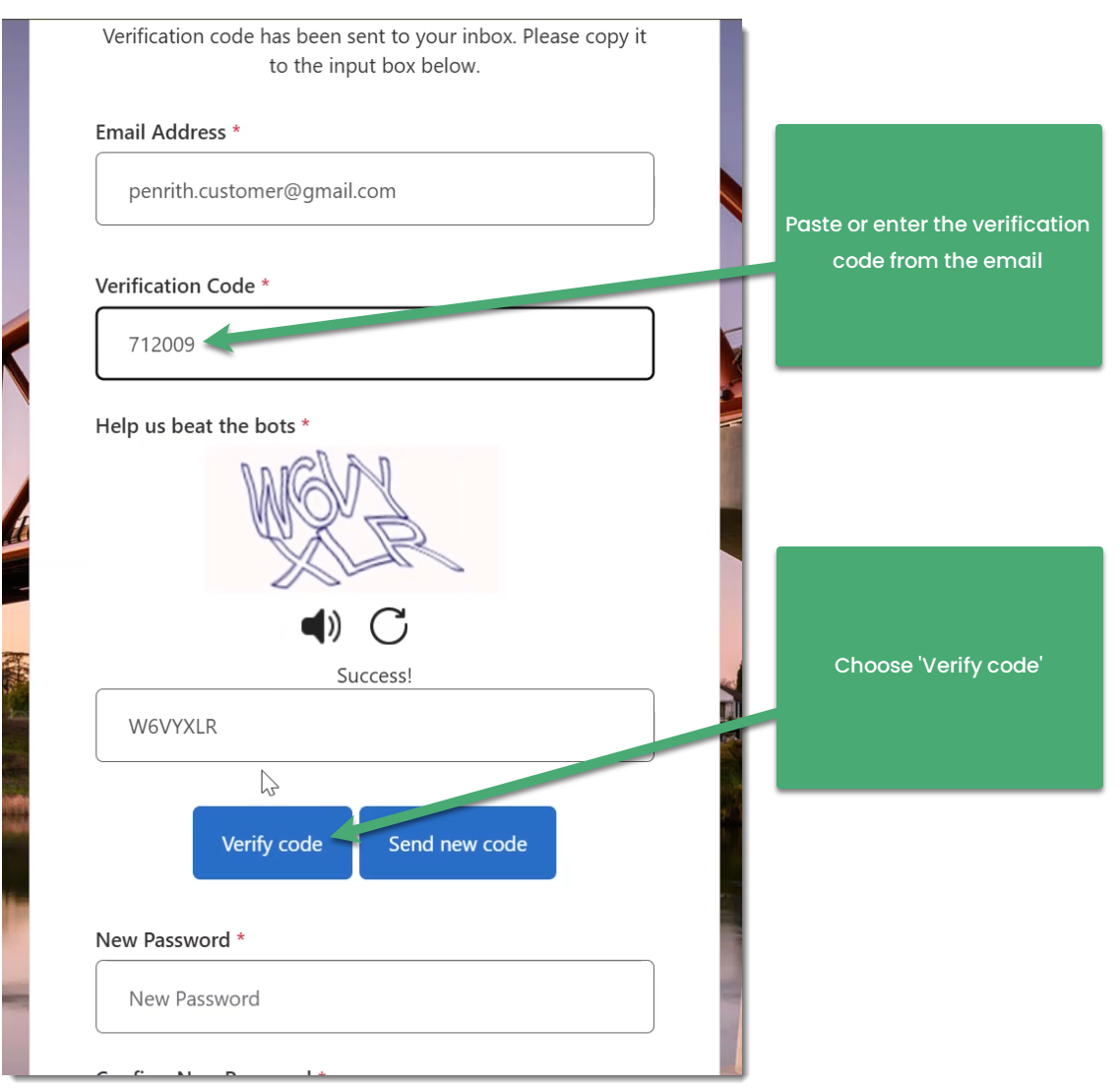 Screenshot showing the verification code being entered. 