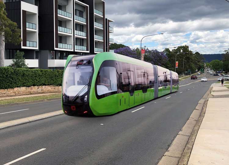Artists depiction of trackless tram on the road