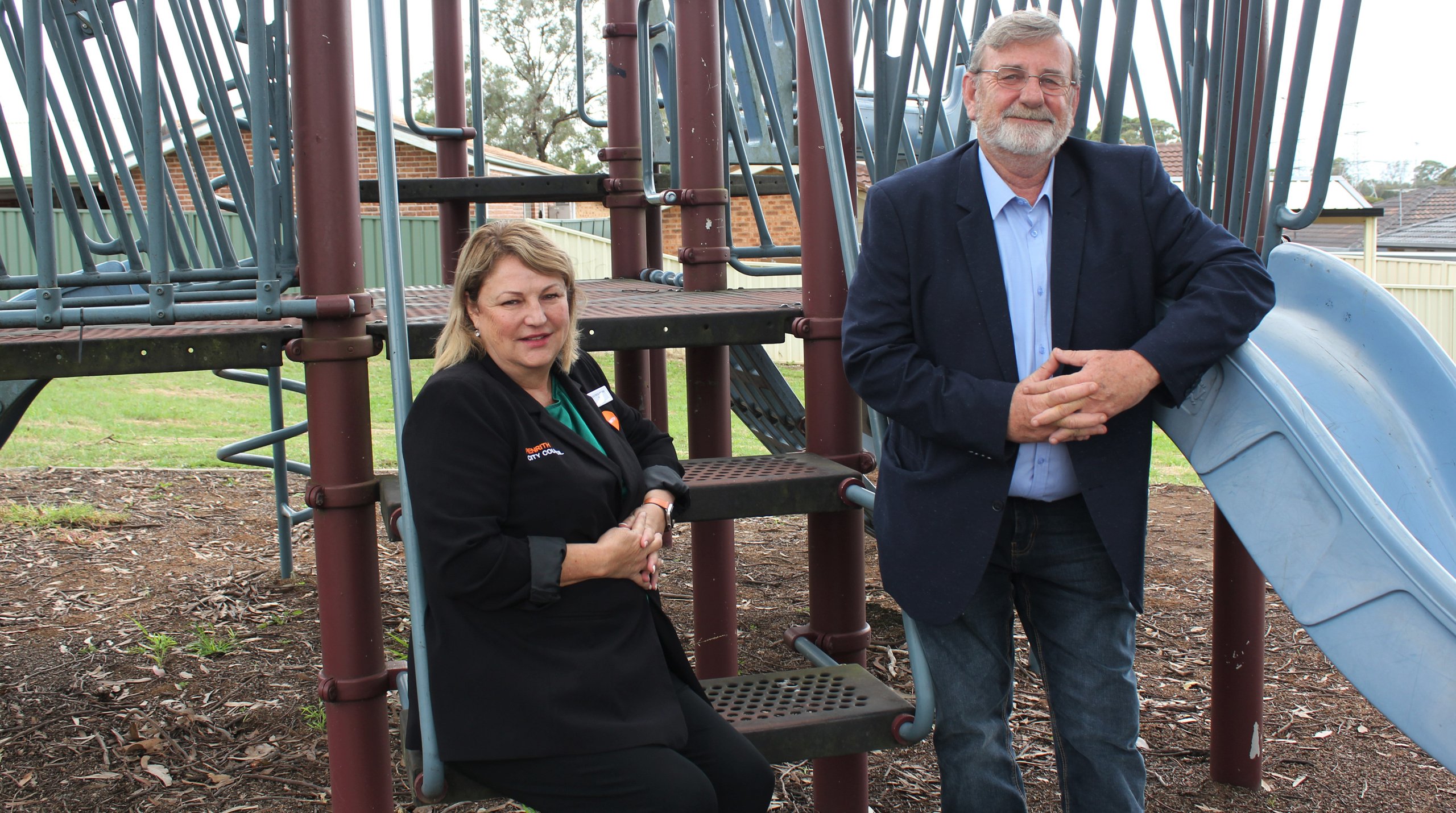 Penrith Mayor Tricia Hitchen and Council’s Director City Services, Brian Steffen, at Iron Bark Way playspace in Colyton.
