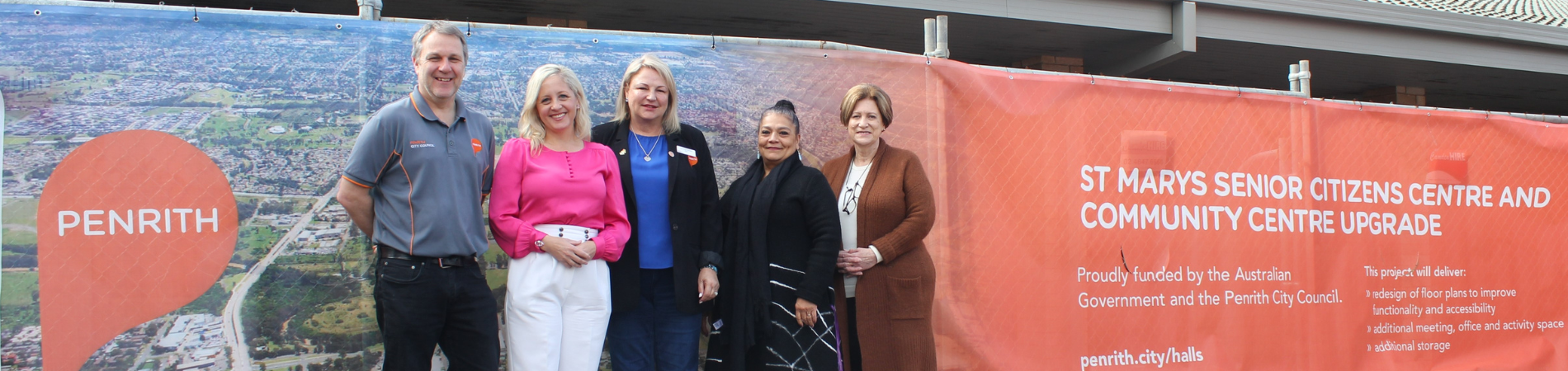 Community Facilities and Recreation Manager Andrew Robinson, Member for Lindsay Melissa McIntosh, Penrith Mayor Tricia Hitchen, Nepean Multicultural Access Aged Care Coordinator Elizabeth Chavez, and Manager Laura Sardo.  