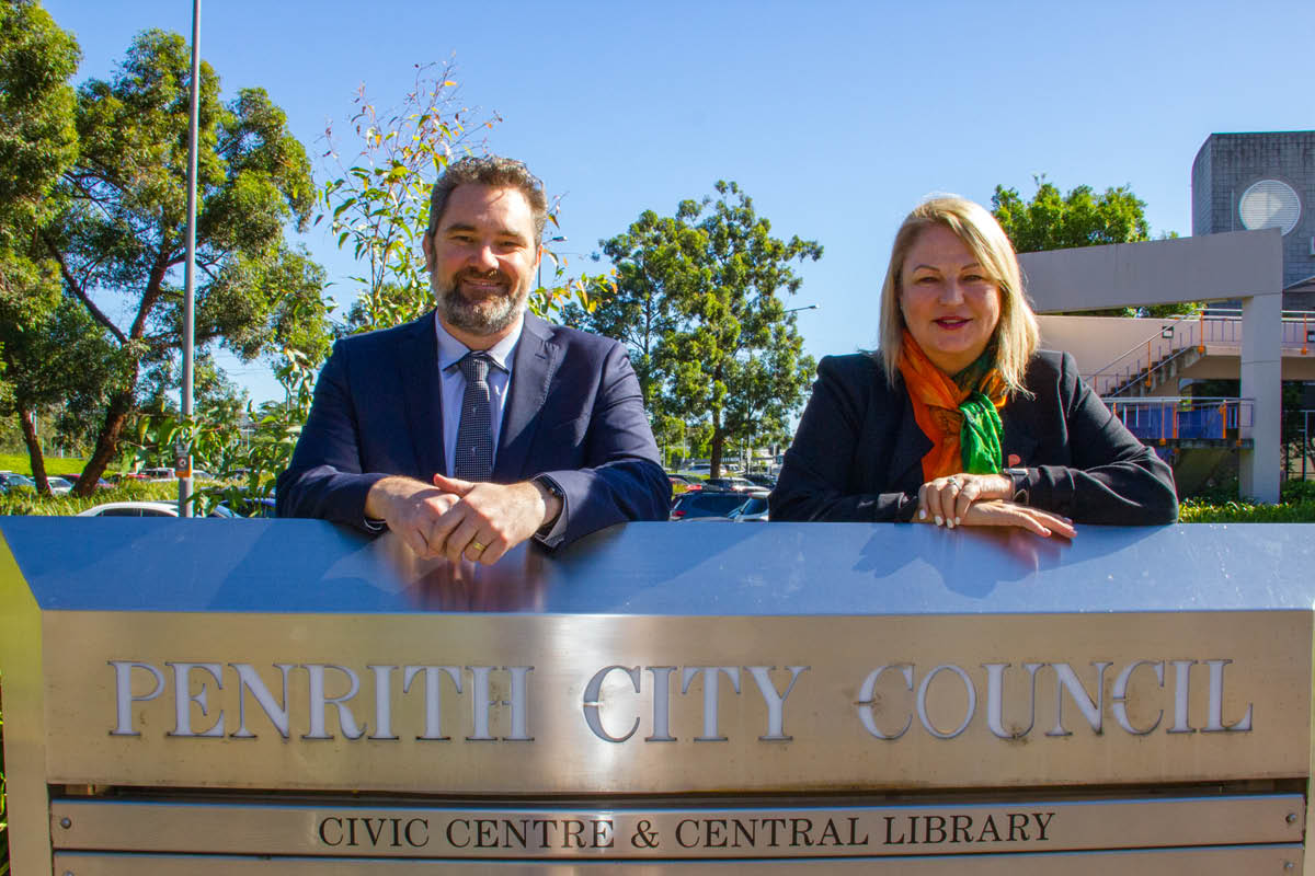 Penrith City Council General Manager Andrew Moore and Penrith Mayor Trician Hitchen outside the Civic Centre in Penrith