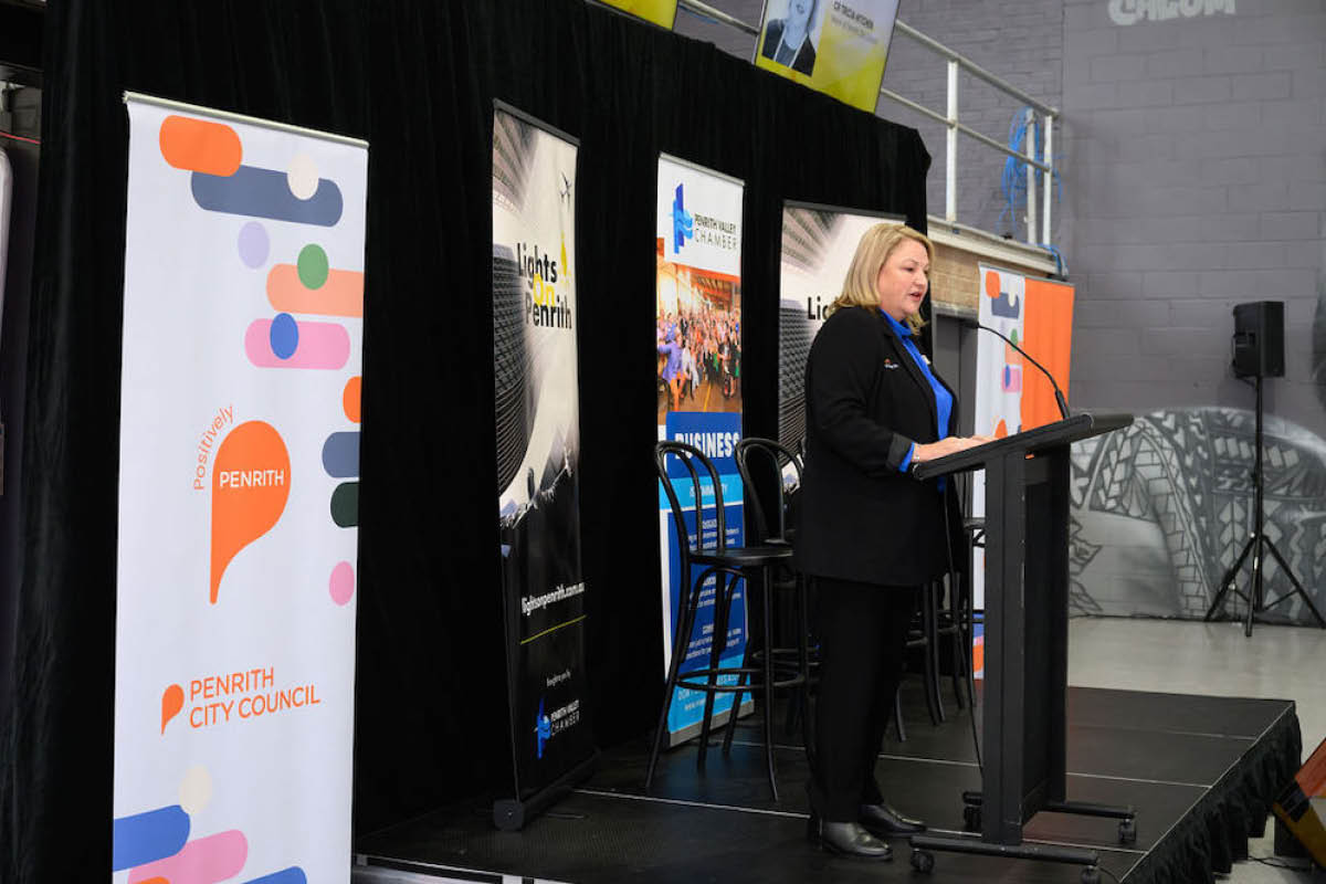 Penrith Mayor Cr Tricia Hitchen addresses the Lights on Penrith 'Made Here' Event at the Manufactor Precinct