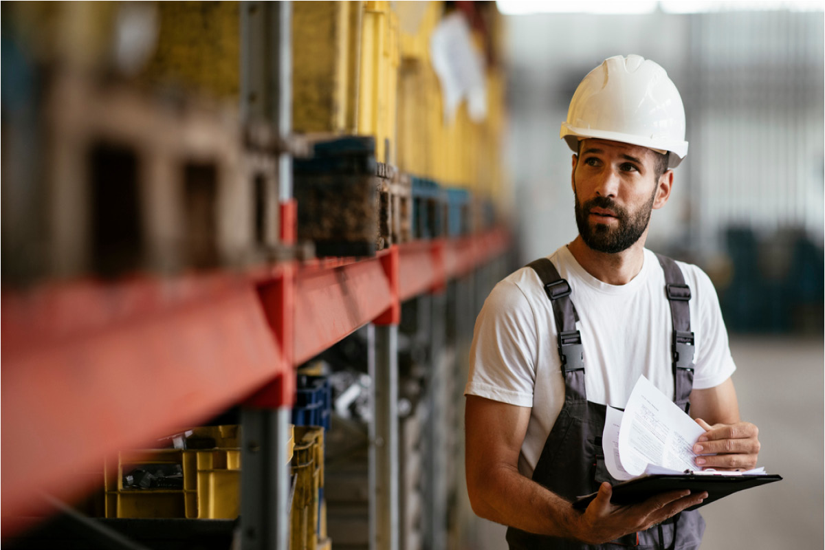 Construction worker standing in a factory with a clipboard