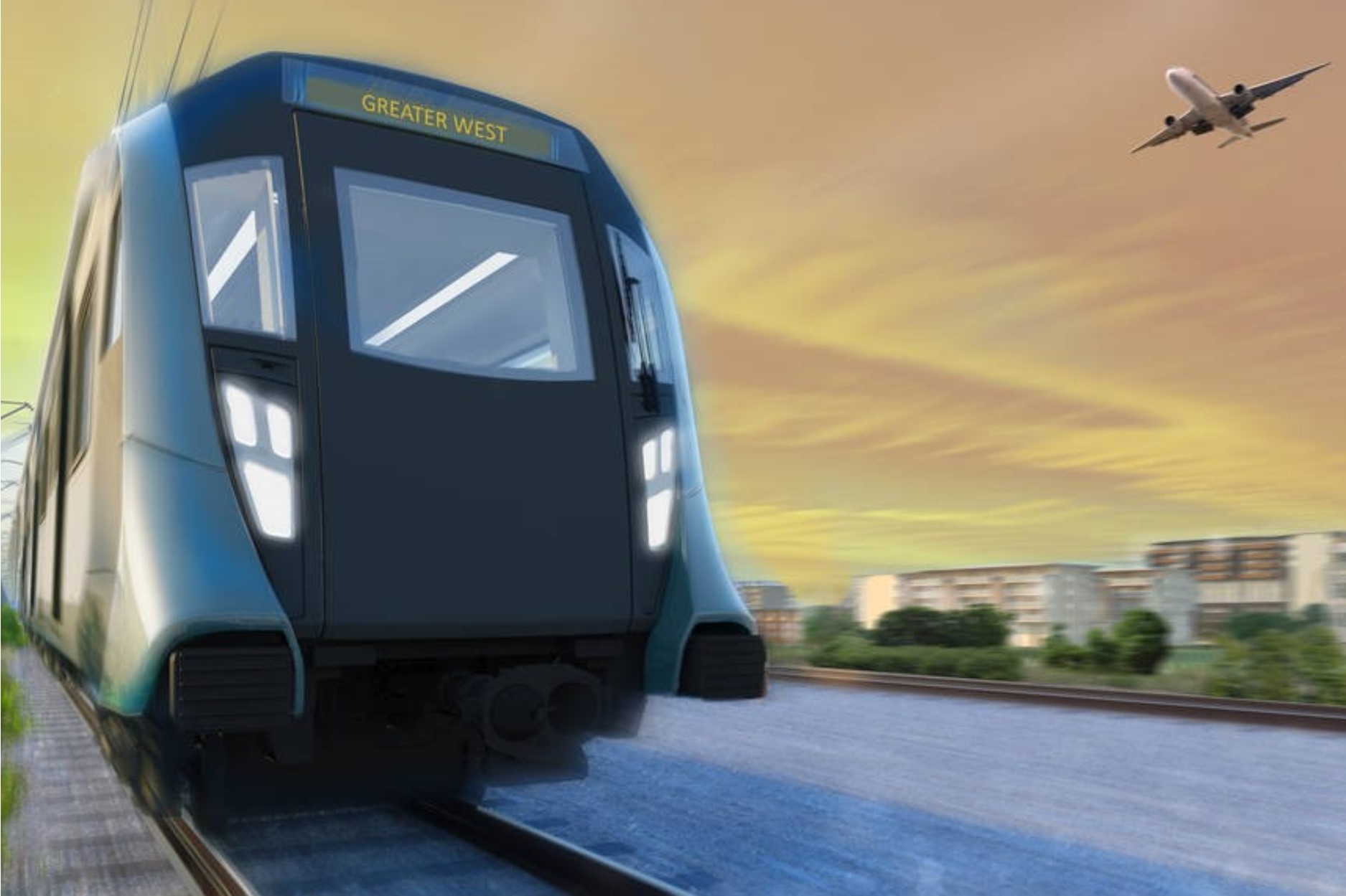 artists impression of train with aeroplane flying in distance