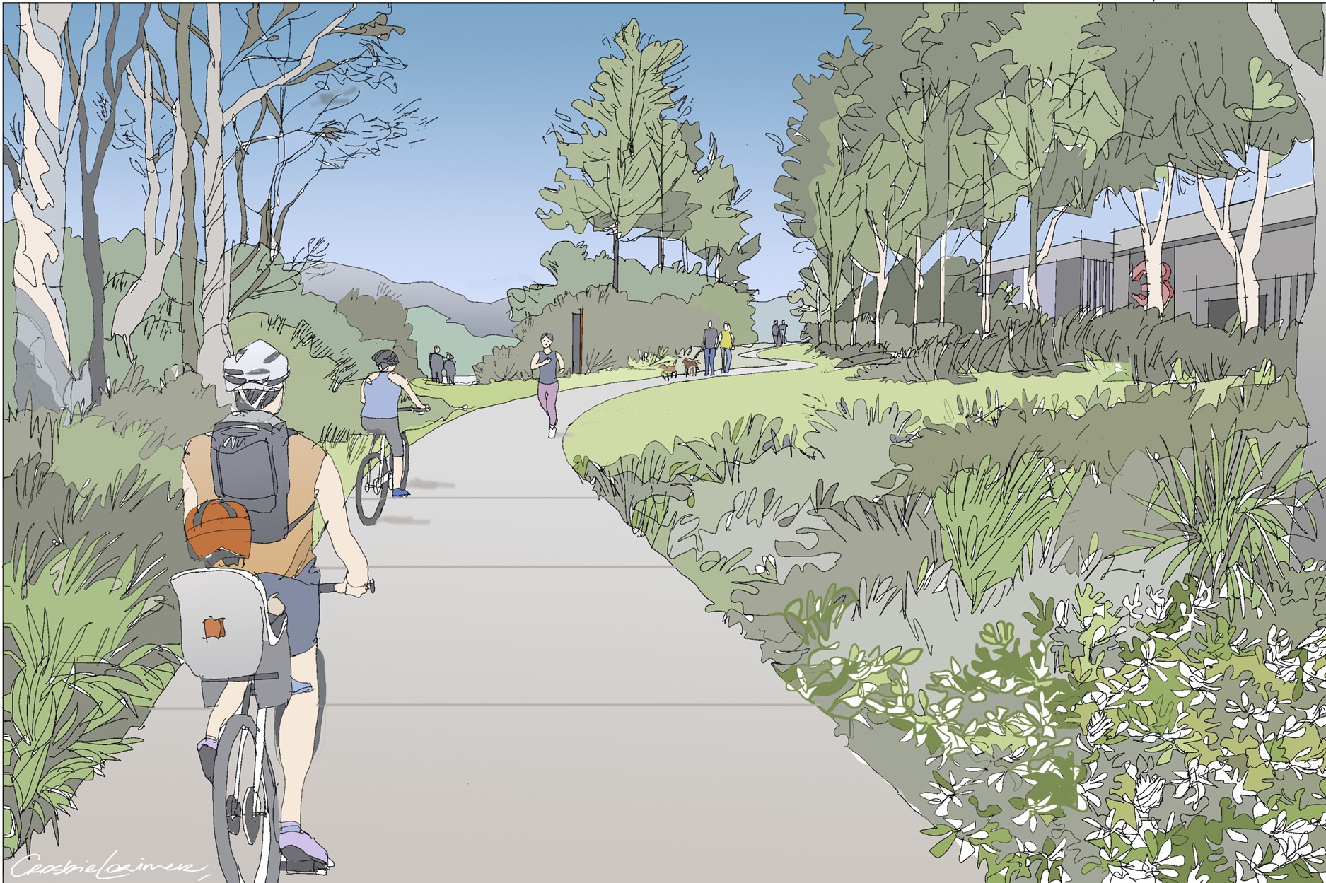 2D drawing of cyclists on a path surrounded by greenery