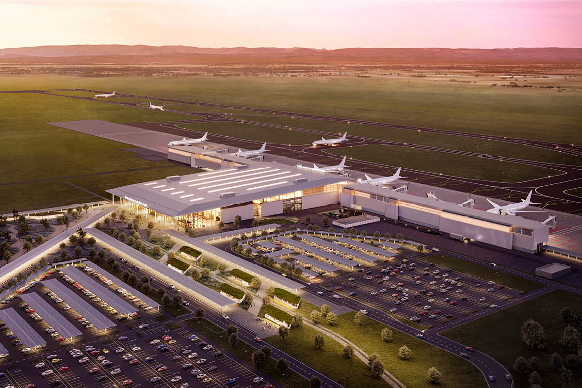 digital drawing of an airport terminal and runway