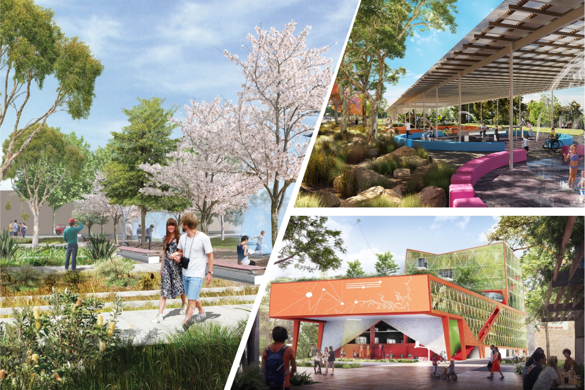 artist impressions showing parks and trees, water playground and a striking red and green building
