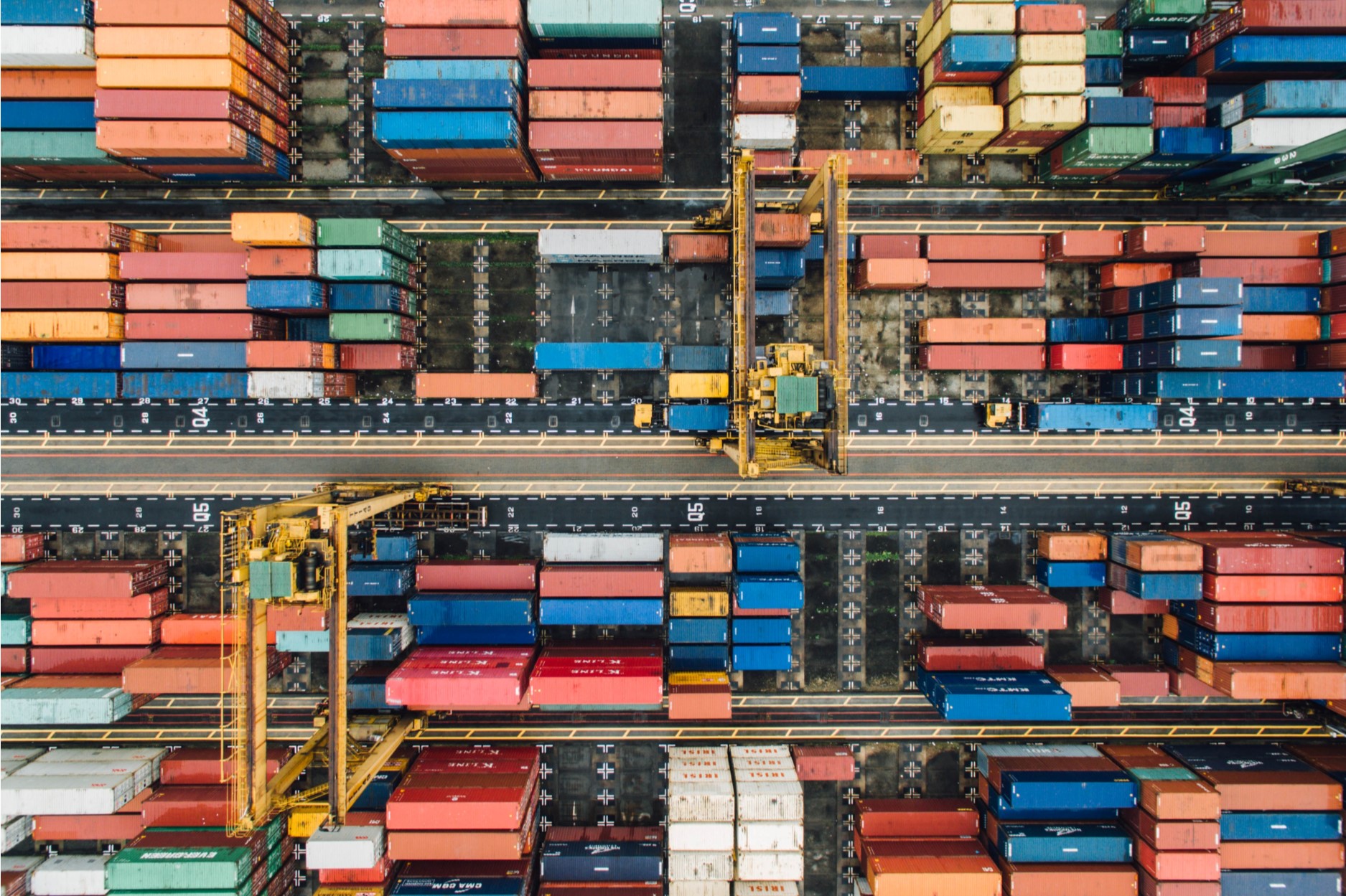 aerial view of containers in a shipping yard