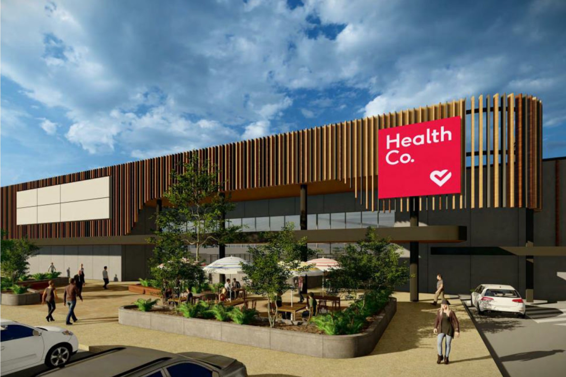 artist impression of a building clad in timber with a sign that says Health Co