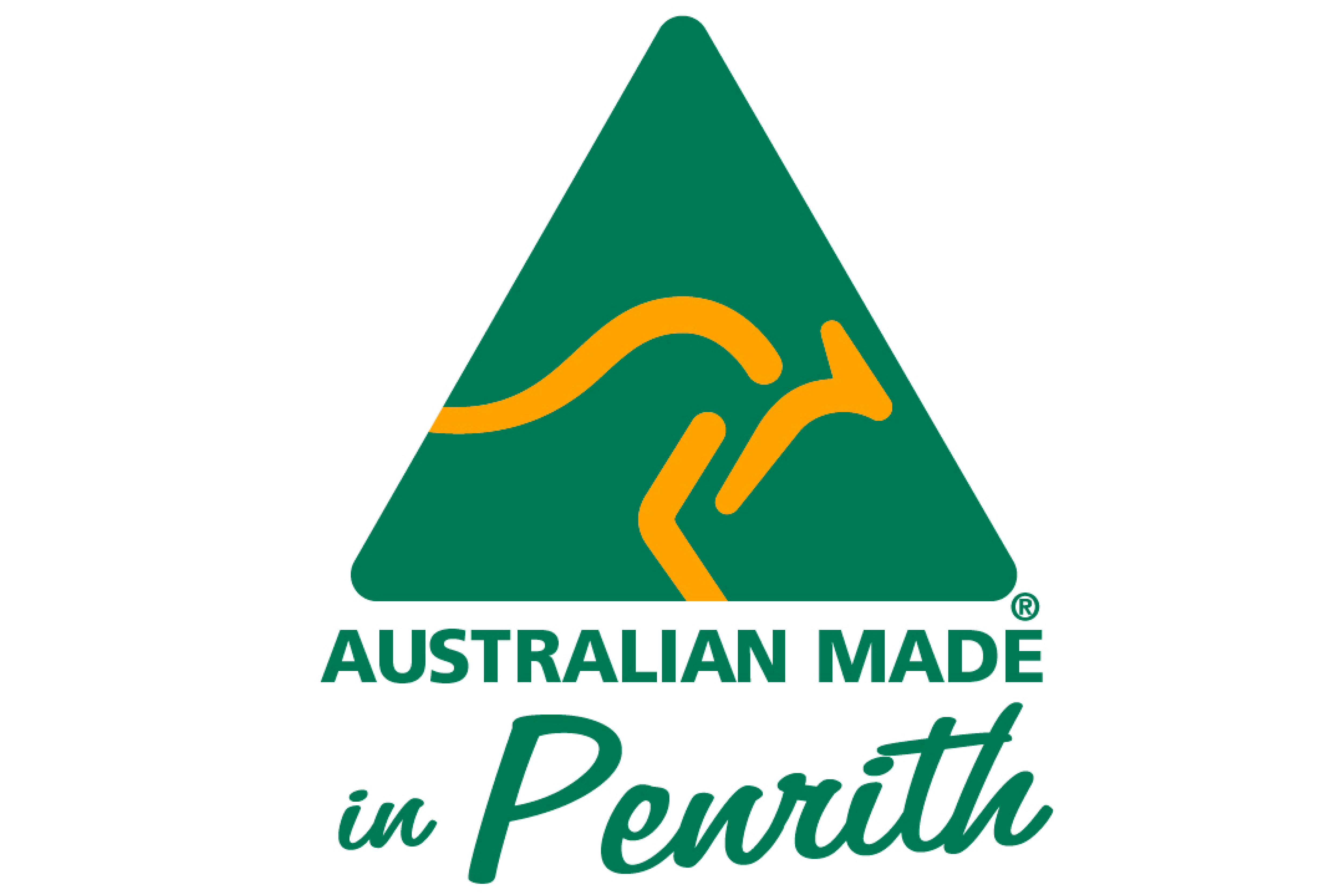 green triangle with yellow kangaroo graphic and text Australian Made in Penrith