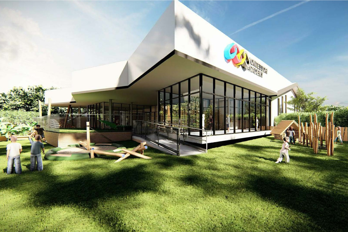 artist impression of a single storey building surrounded by grass play area