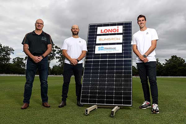 Photo by Getty Images Australia: Paul Goldsmith (Penrith Cricket Club), Todd Greenberg (Australian Cricketers Association) and Pat Cummins (Australian Mens Cricket Captain) unveiling the solar installation at Penrith’s Howell Oval