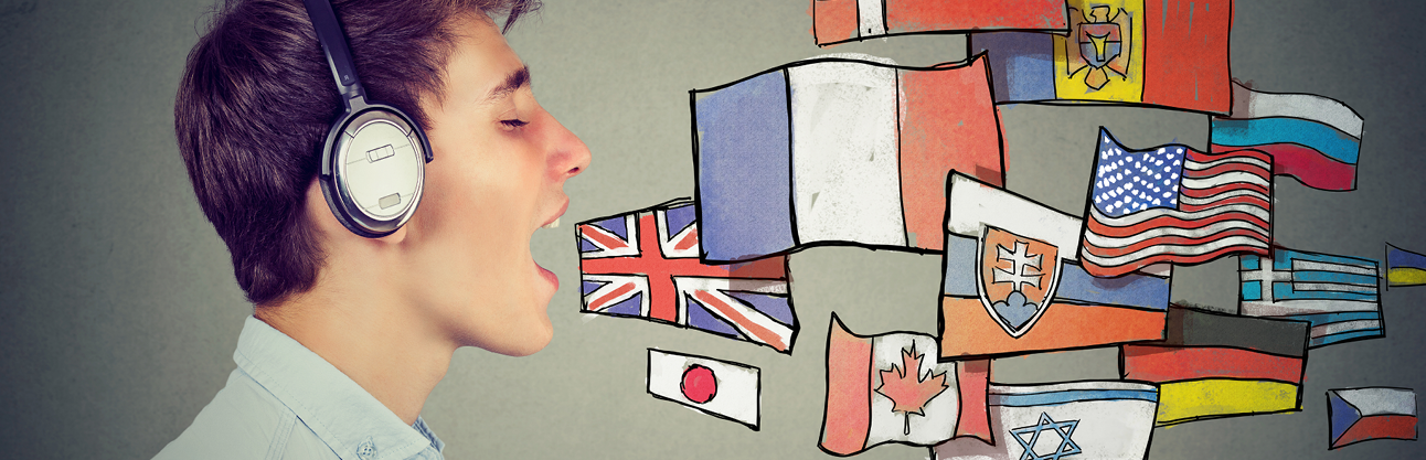 A man speaking and various countries' flags are coming out of his mouth to represent the different languages he is learning.