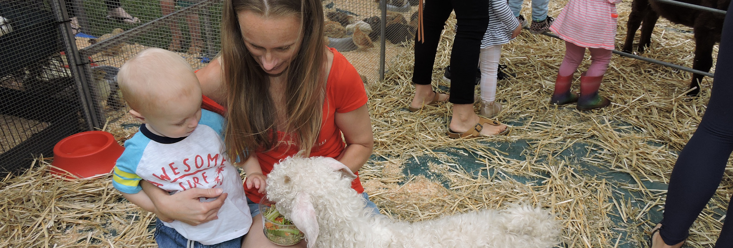 Mother and baby with a lamb