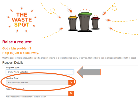 Arrow pointing to Bulky waste collection and circle to show confirmation on second line