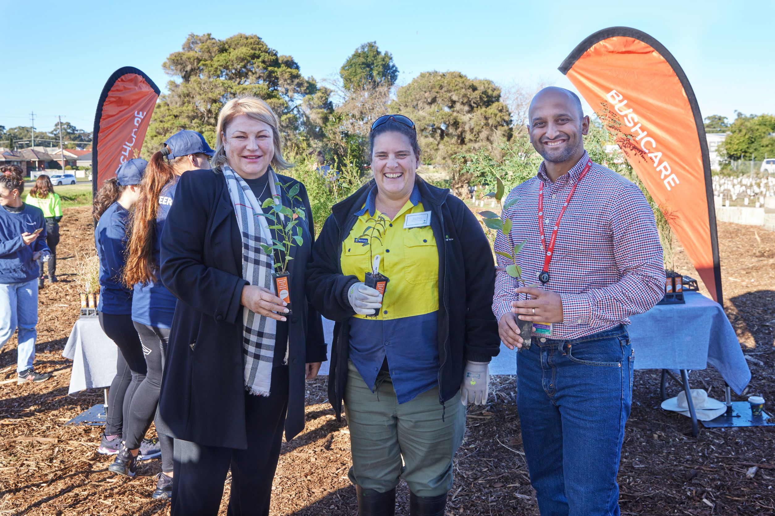 (L to R) Penrith Mayor Tricia Hitchen, Greening Australia's Nicola Masters, and Amazon Australia leader of Amazon's new fulfilment centre Sid Yadwad.